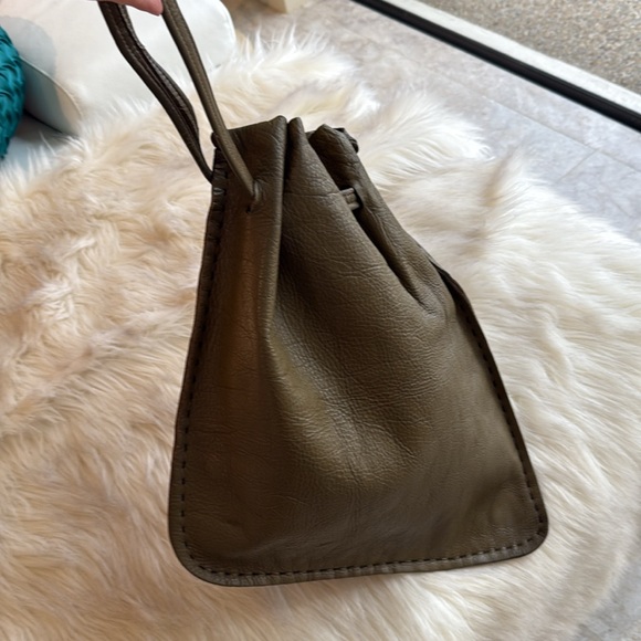 Mid Century Modern Olive Green Leather Asymmetrical Bag - Picture 2 of 11